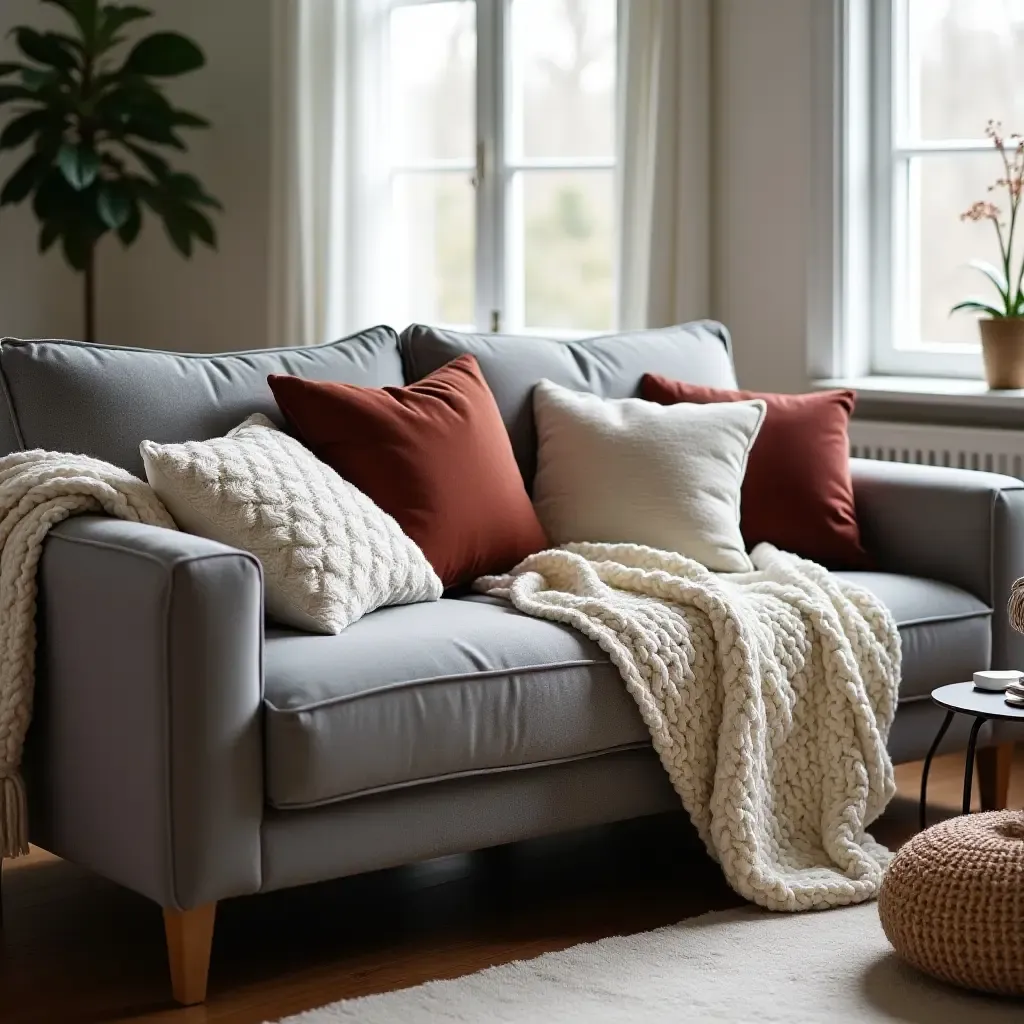 a photo of a grey sofa adorned with a cozy knitted blanket and decorative cushions