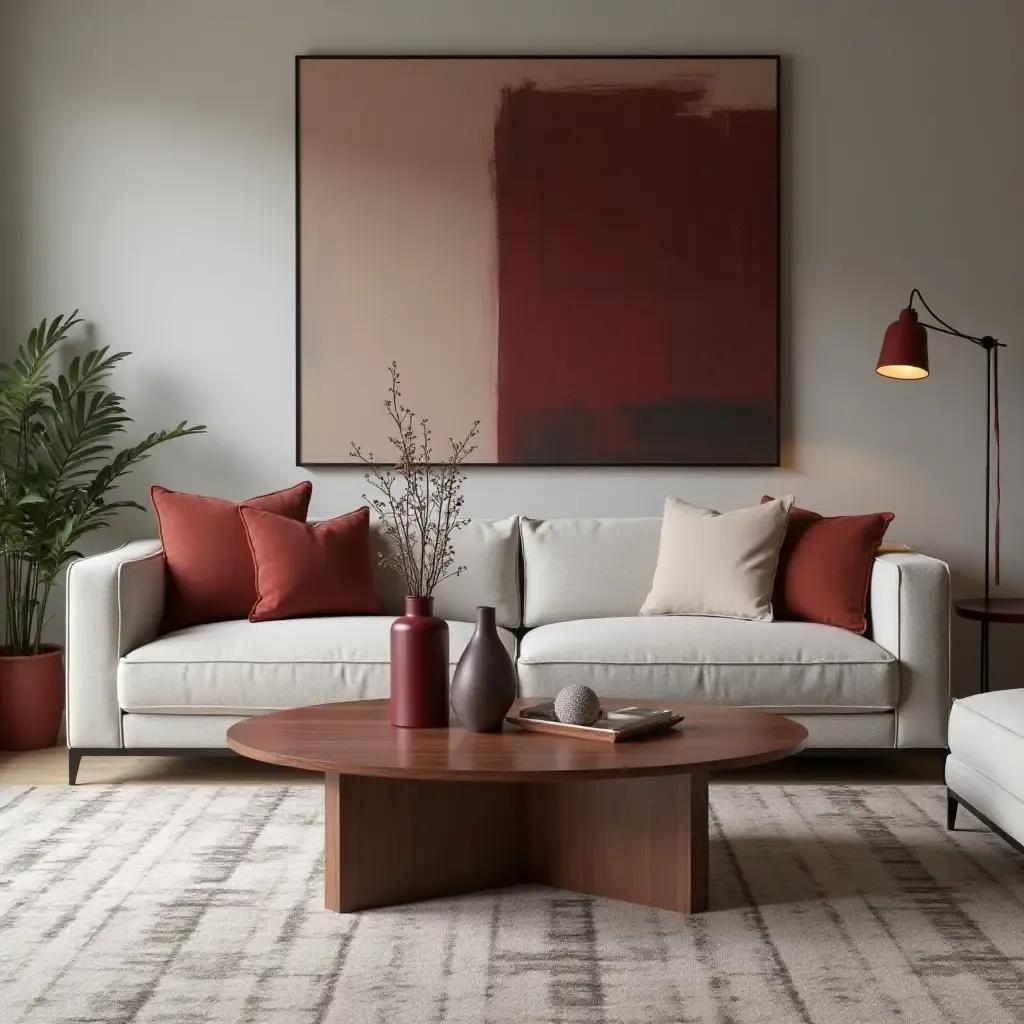 a photo of a modern coffee table with burgundy decor accents