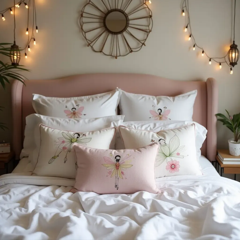 a photo of throw pillows with fairy designs in a whimsical bedroom