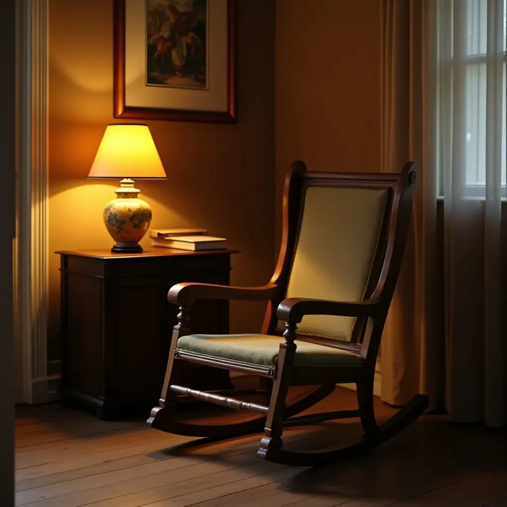 a photo of a classic wooden rocking chair beside a vintage lamp