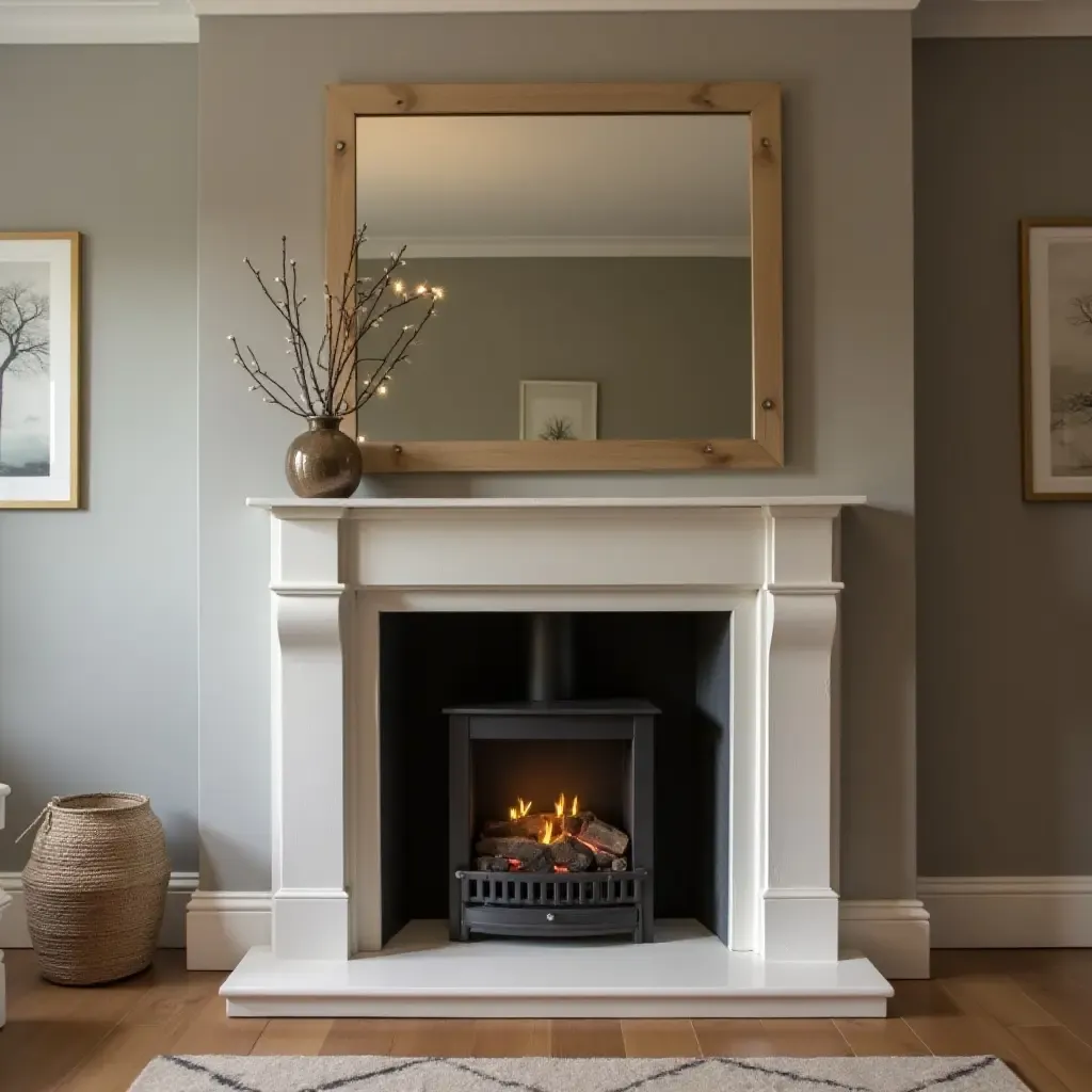 a photo of a reflective panel enhancing a contemporary mantel design