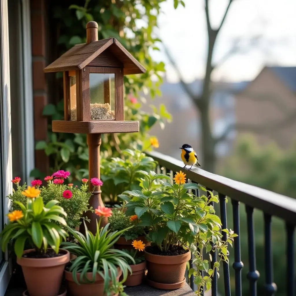 a photo of a balcony showcasing a whimsical bird feeder and plants