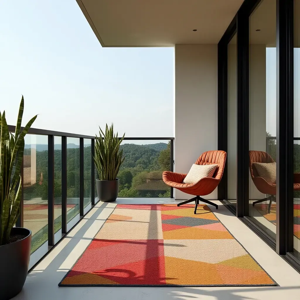 a photo of a vibrant geometric rug on a modern balcony