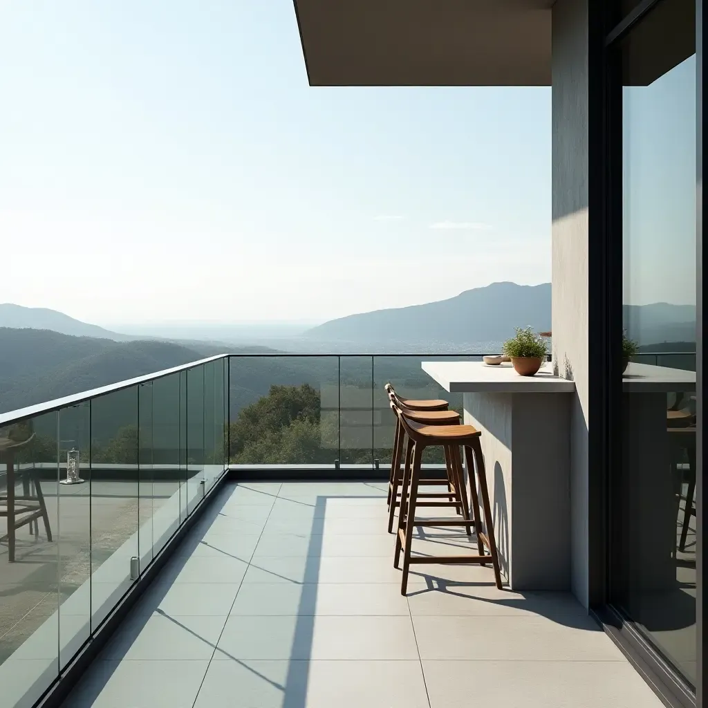 a photo of a sleek balcony with a glass railing and stylish bar stools