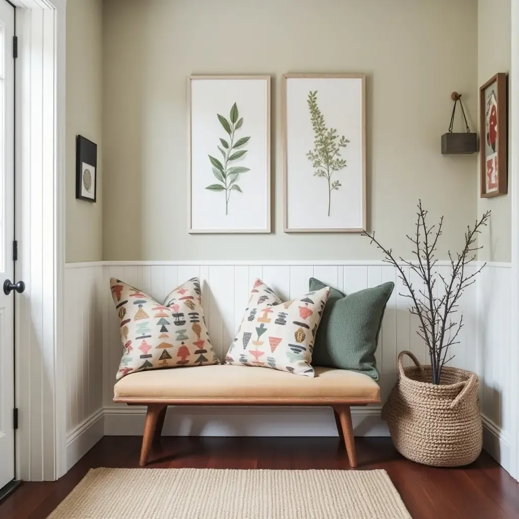 a photo of a playful entrance hall with quirky throw pillows on an entryway seat