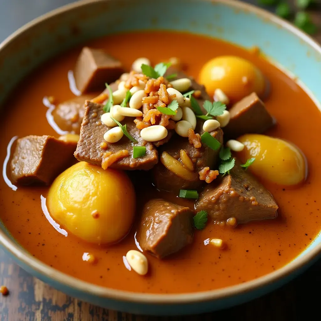 a photo of a rich Thai massaman curry with beef, potatoes, and peanuts, topped with fried shallots.