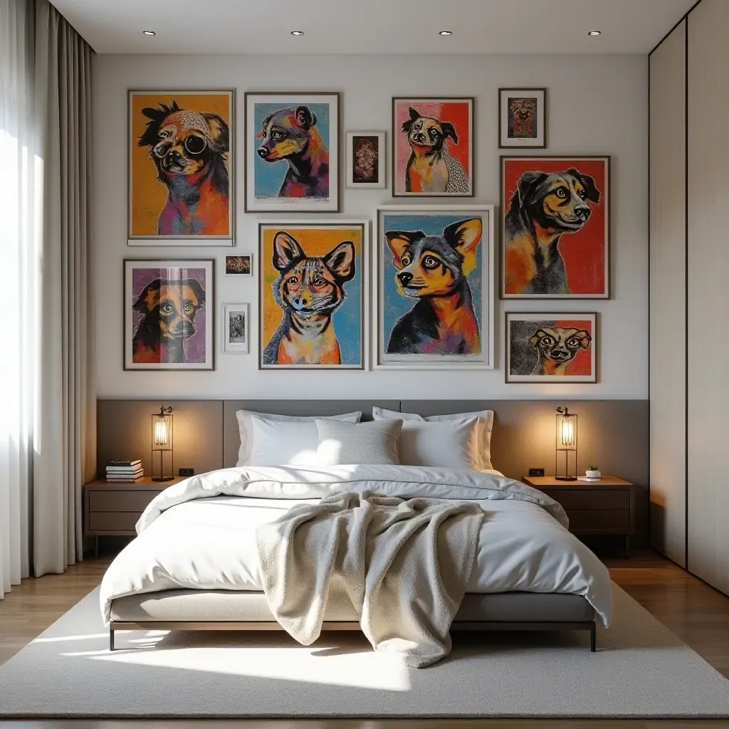 a photo of an artistic bedroom showcasing a gallery wall of colorful street art