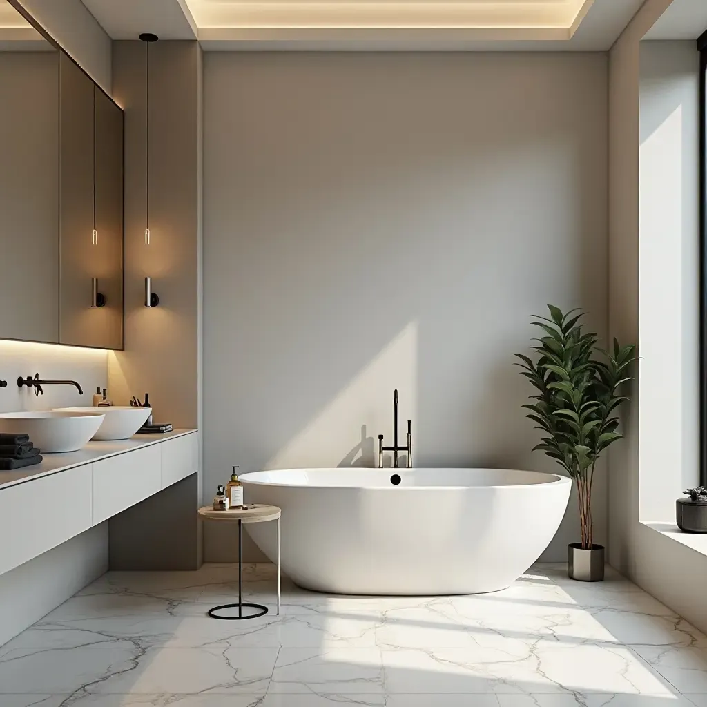 a photo of a sophisticated bathroom with stainless steel accents and modernity