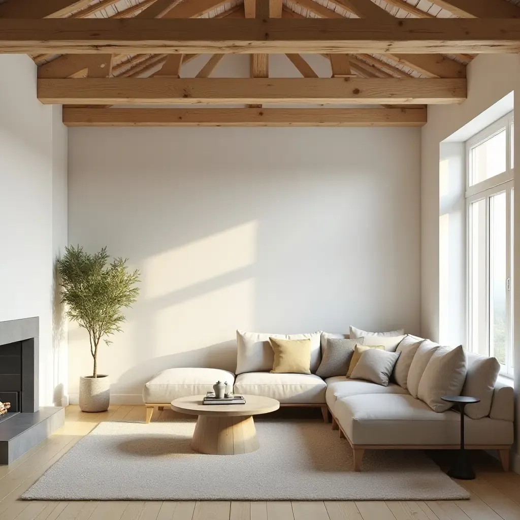 a photo of a bright living room with wooden beams and a comfortable sofa