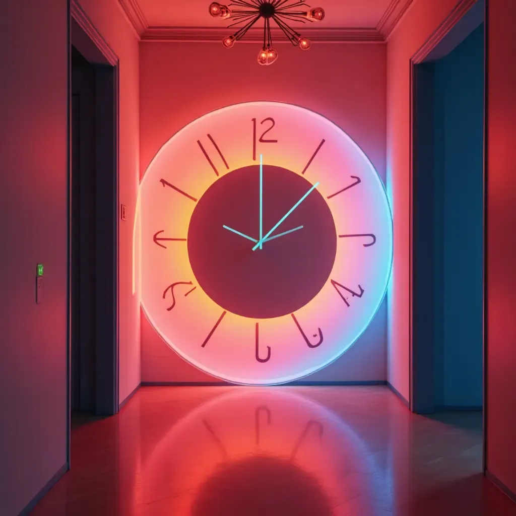 a photo of a corridor with a vibrant, oversized clock