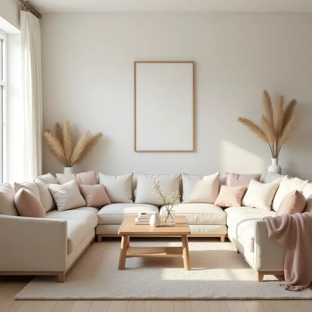 a photo of a serene living room with soft pastel colors and farmhouse elements