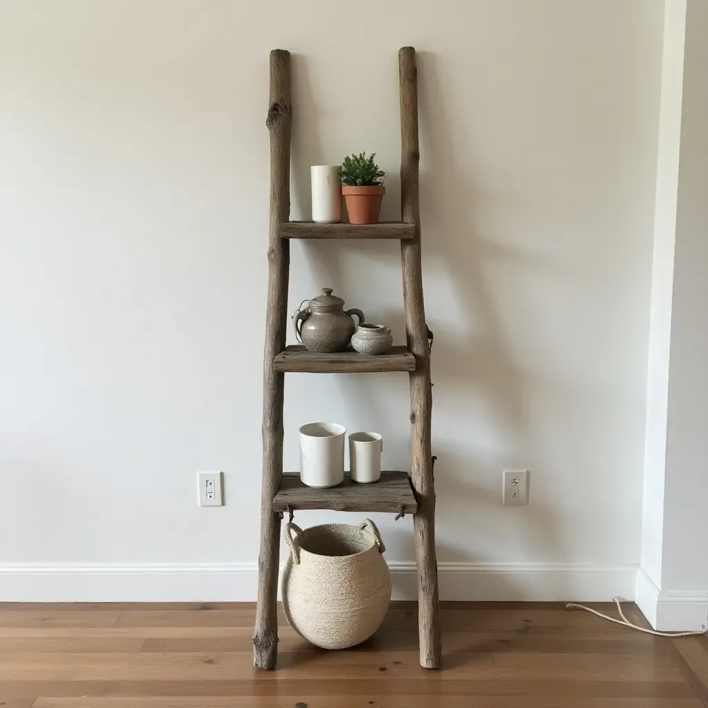 a photo of a rustic ladder used for displaying decor items