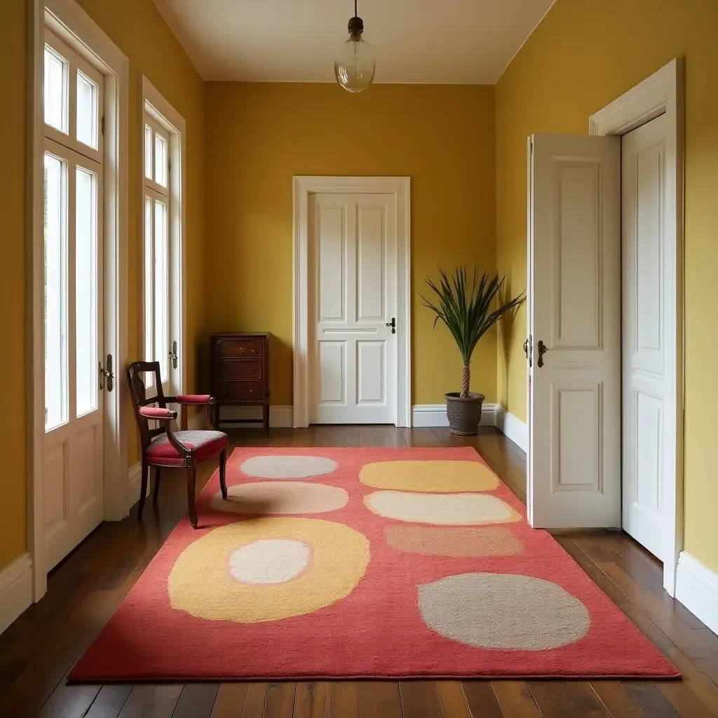 a photo of a retro-style rug with bold colors in a vintage hall