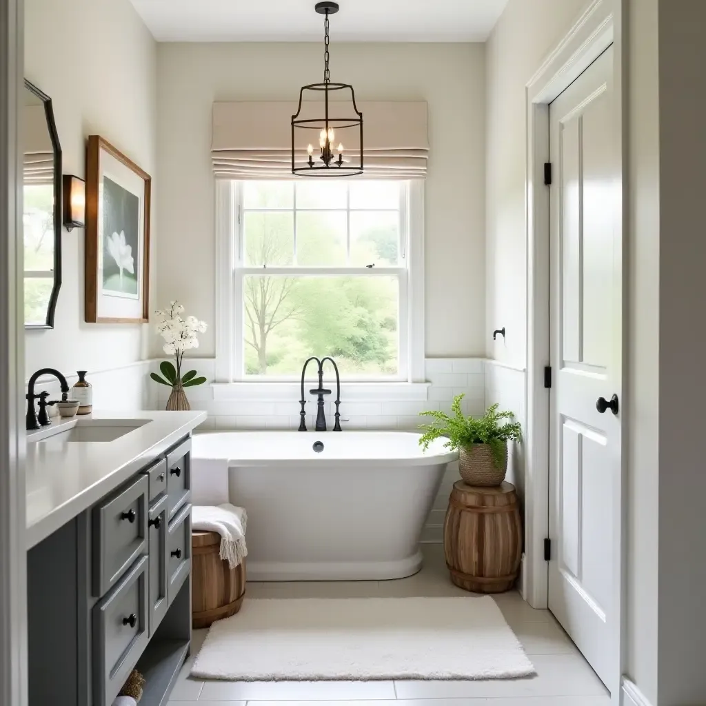 a photo of a bathroom with a cozy reading nook and farmhouse decor