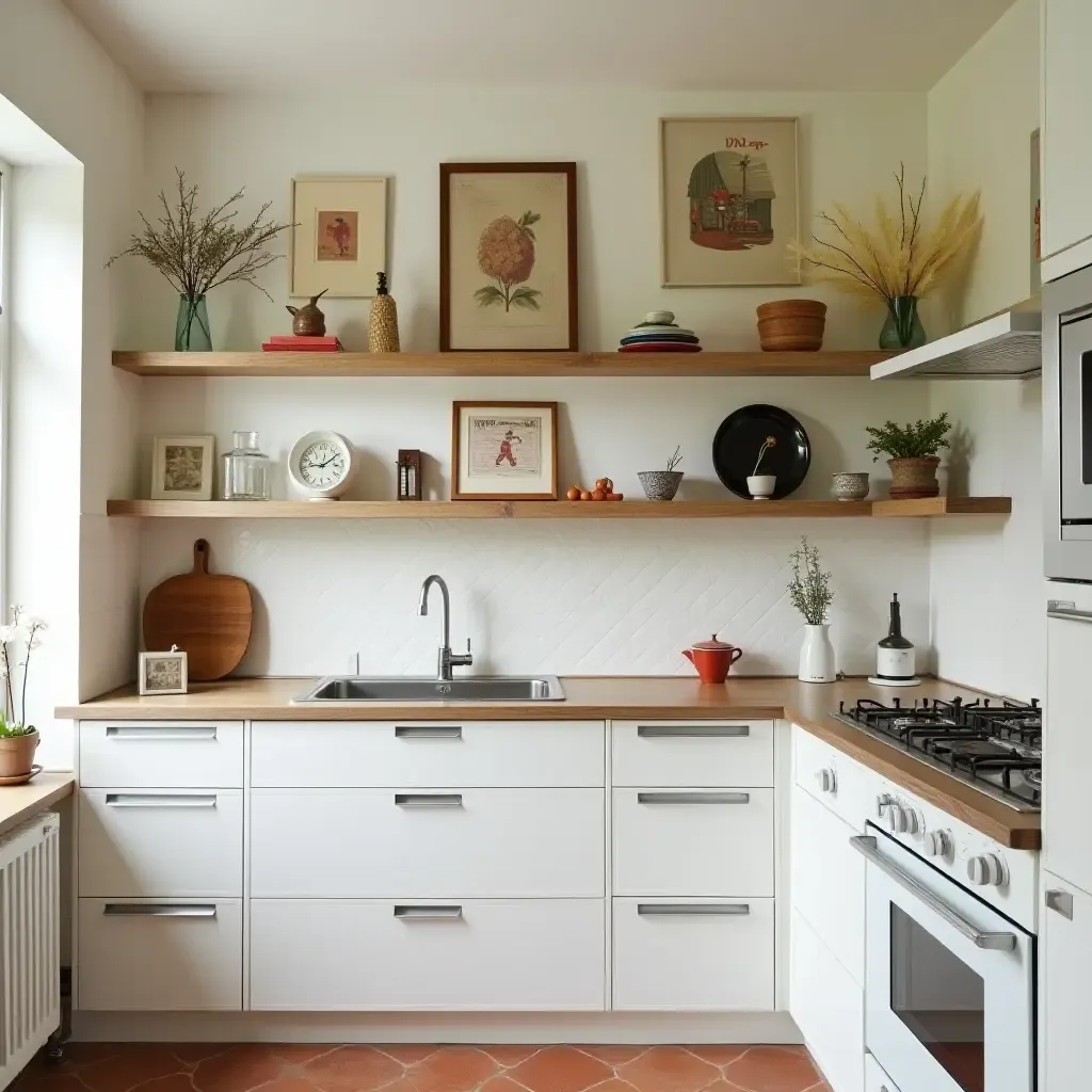 a photo of a vintage-inspired kitchen wall with retro art pieces