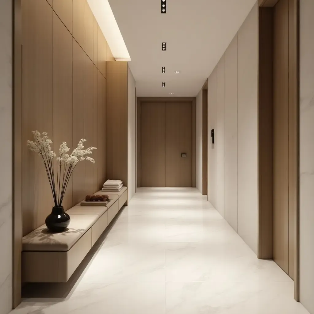 a photo of a minimalist corridor with elegant lines and curated decor