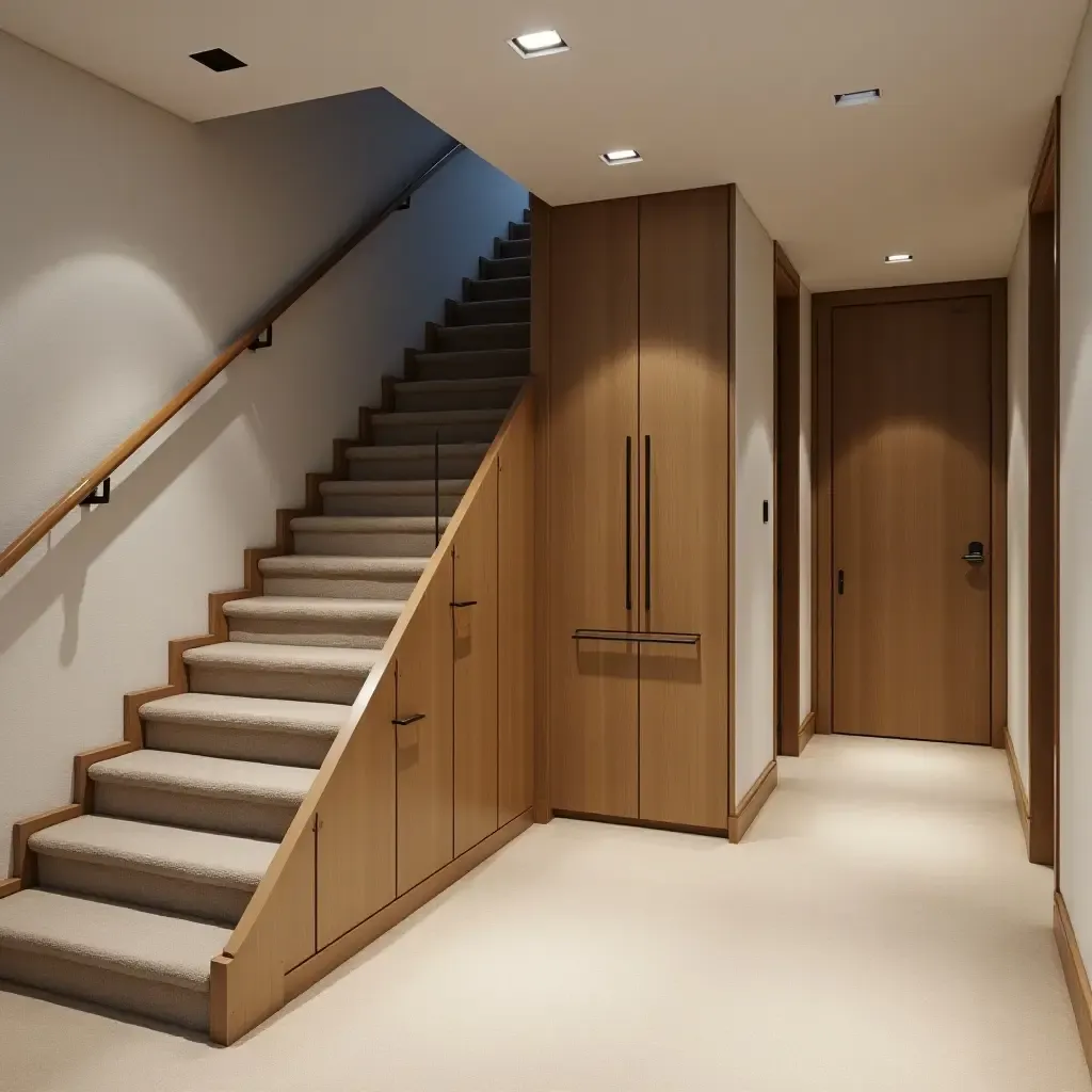 a photo of a modern basement with under-stair storage ideas