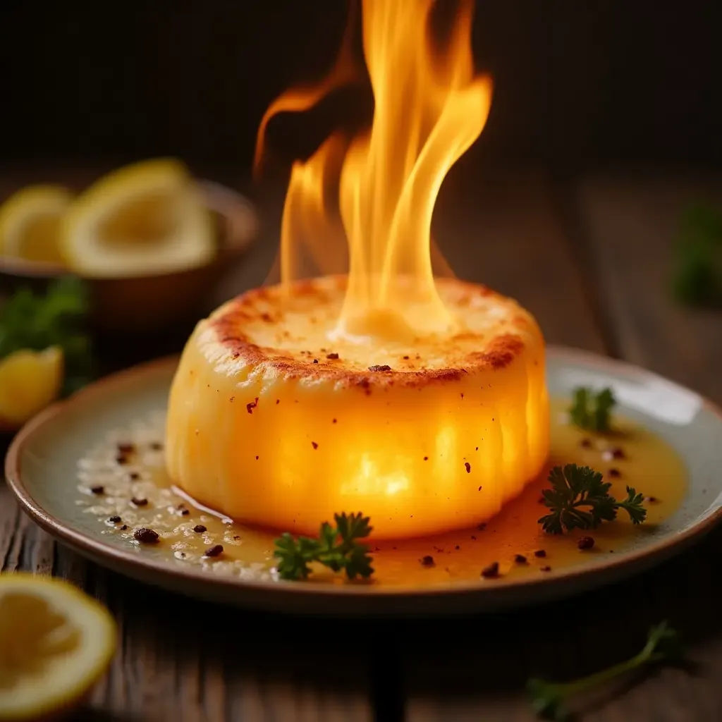 a photo of saganaki, flaming Greek cheese, served with lemon and herbs on a rustic table.