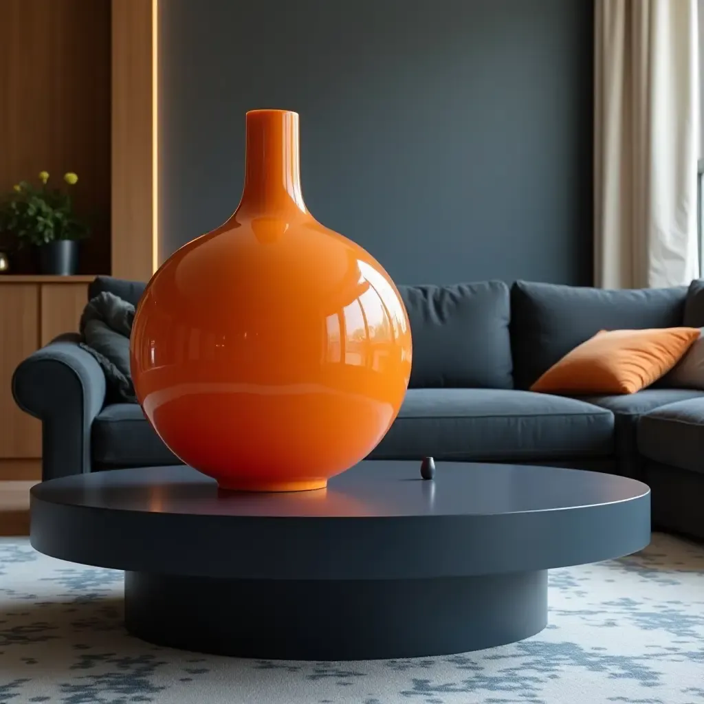 a photo of a stunning orange vase on a navy coffee table