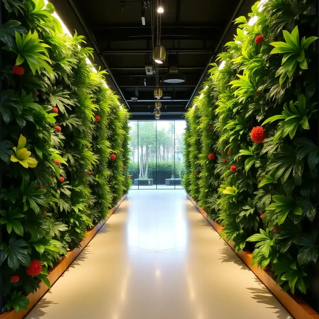 a photo of a vibrant corridor featuring a vertical garden wall