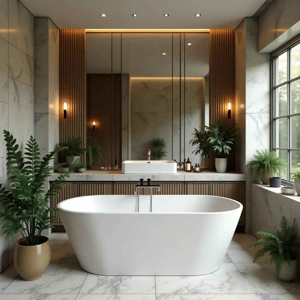 a photo of a luxurious spa-inspired bathroom with a freestanding tub and greenery