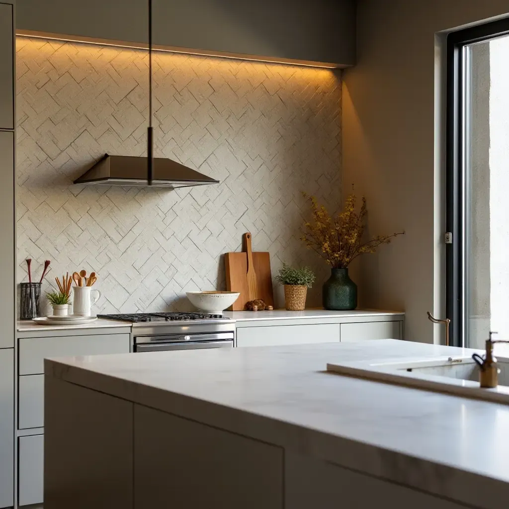 a photo of a countertop with a unique backsplash made of recycled materials