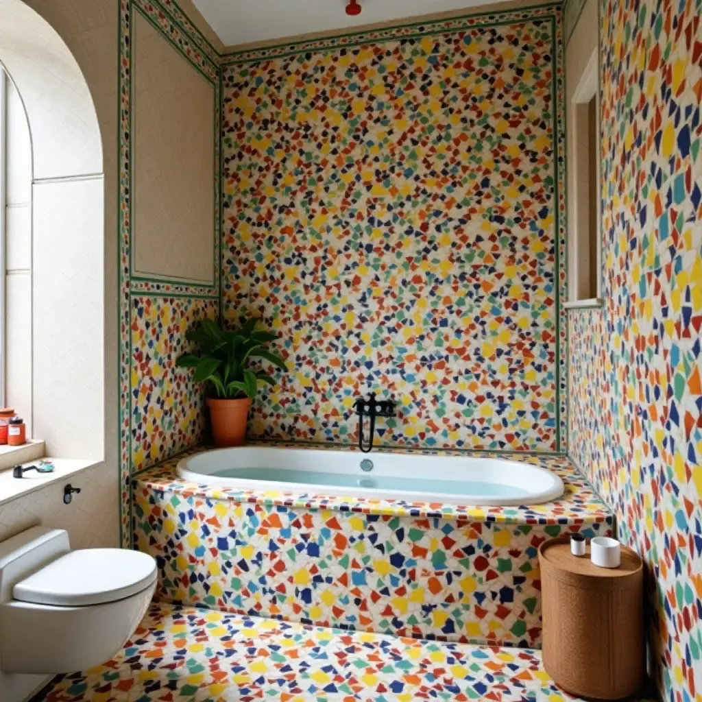 a photo of a vibrant Mediterranean bathroom with colorful mosaic tiles