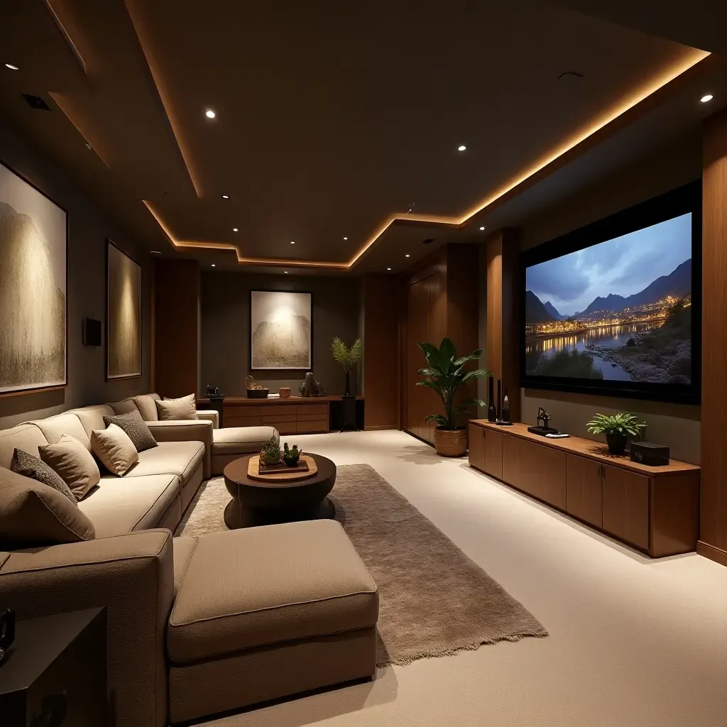 a photo of a basement media room with airy decor and comfortable seating