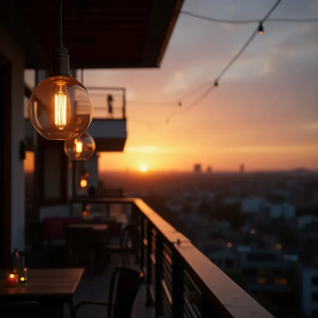 a photo of a balcony with hanging pendant lights at sunset