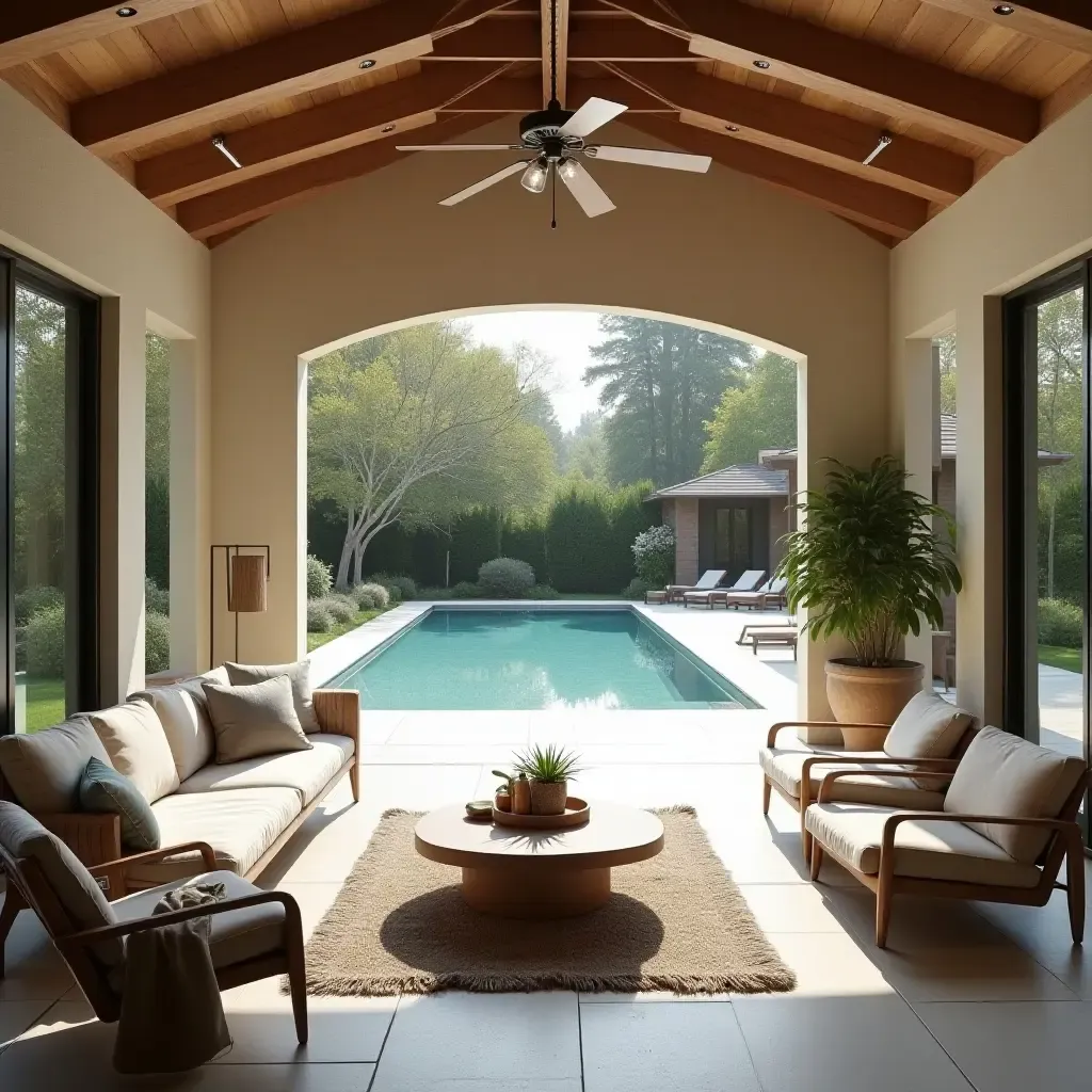 a photo of a charming outdoor lounge with a view of the pool