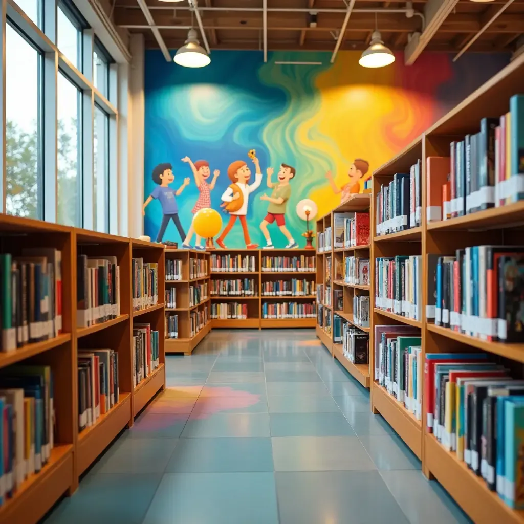 a photo of a library with a vibrant mural and organized book sections