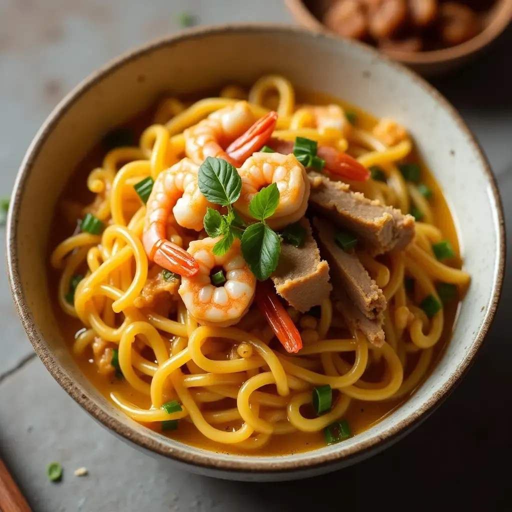 a photo of Mi Quang, turmeric noodles with shrimp, pork, and crunchy rice crackers.