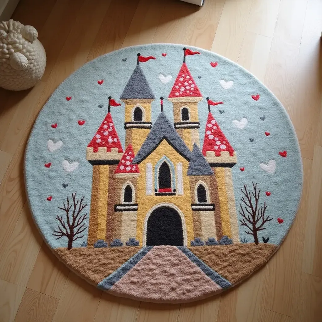 a photo of a rug with a whimsical fairy tale castle design