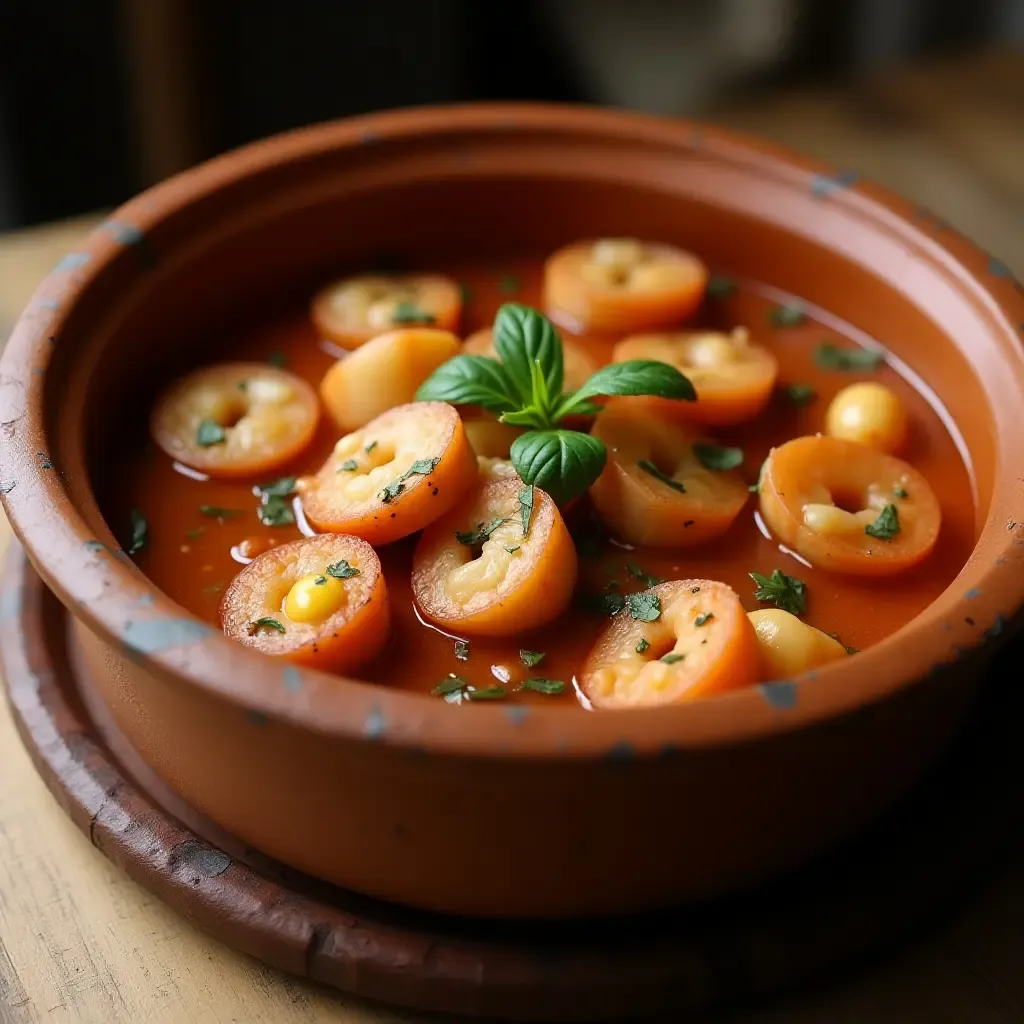 a photo of a traditional Italian brodetto di pesce served in a rustic clay bowl