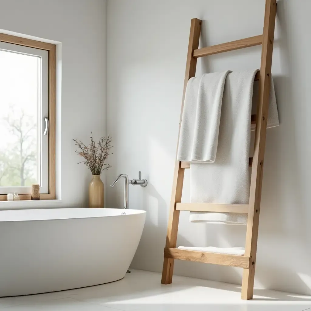 a photo of a modern bathroom with a ladder shelf for towels