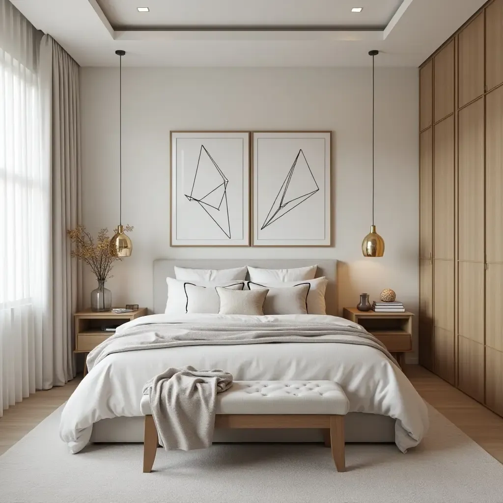 a photo of a trendy bedroom with metallic geometric decor