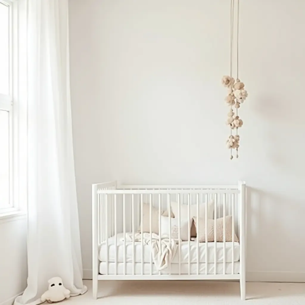 a photo of a peaceful nursery featuring a minimalist mobile and soft bedding