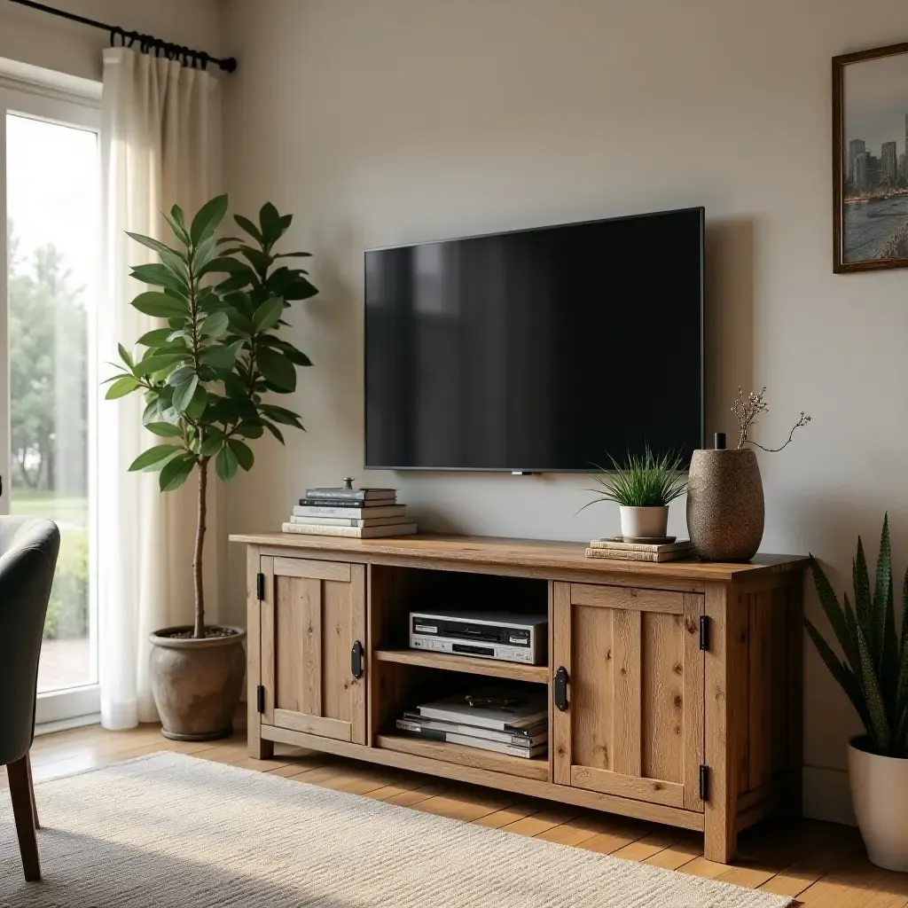 a photo of a rustic dining room with a reclaimed wood TV stand