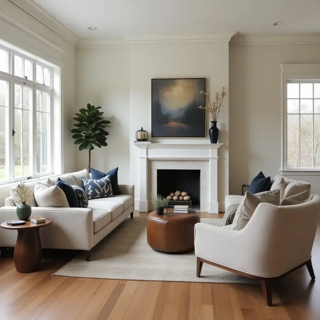 a photo of a colonial-style living room with a blend of modern and traditional elements