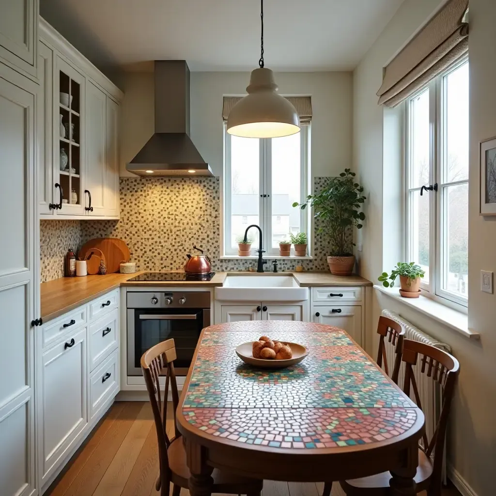 a photo of a small kitchen with a colorful mosaic table