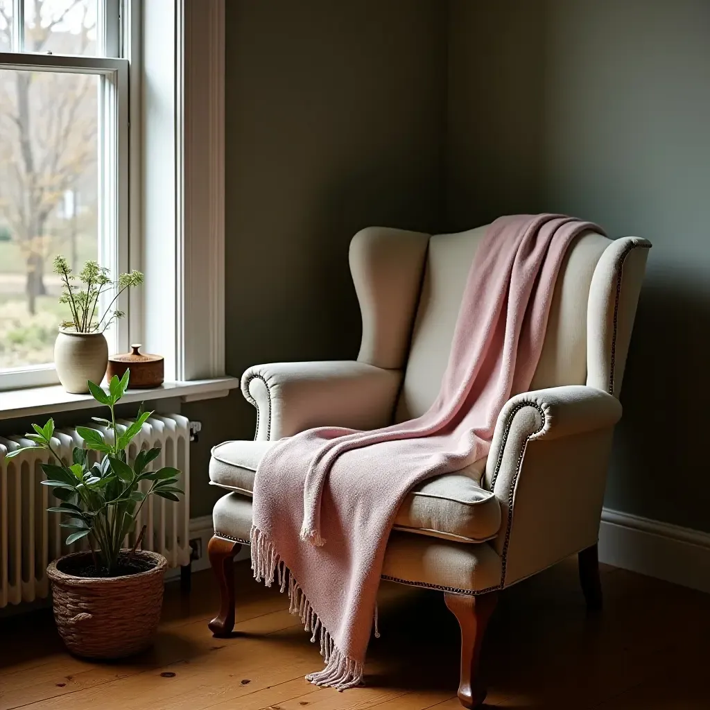 a photo of a cozy nook with a vintage armchair and layered throw blankets