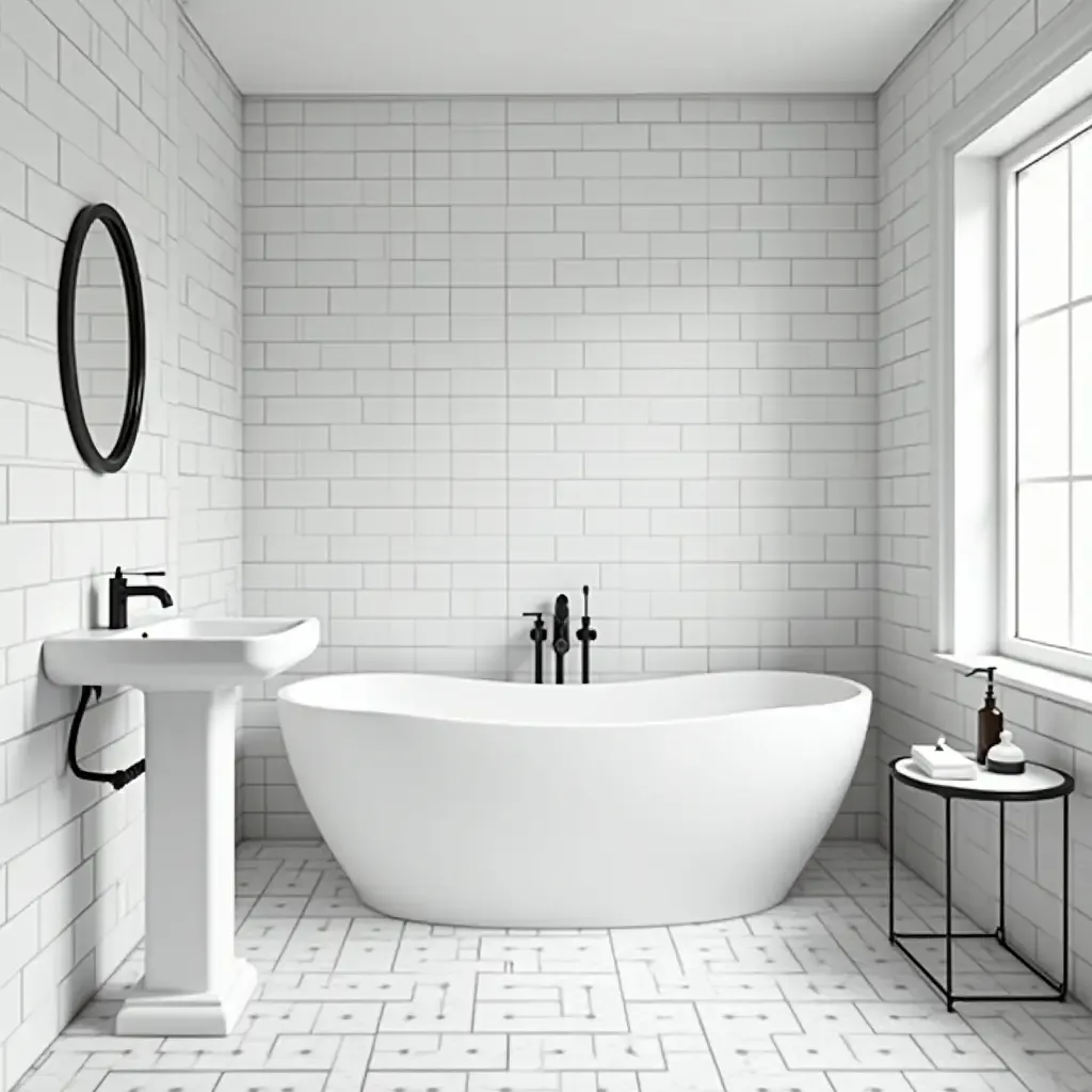 a photo of a minimalist bathroom with monochrome subway tiles and sleek lines