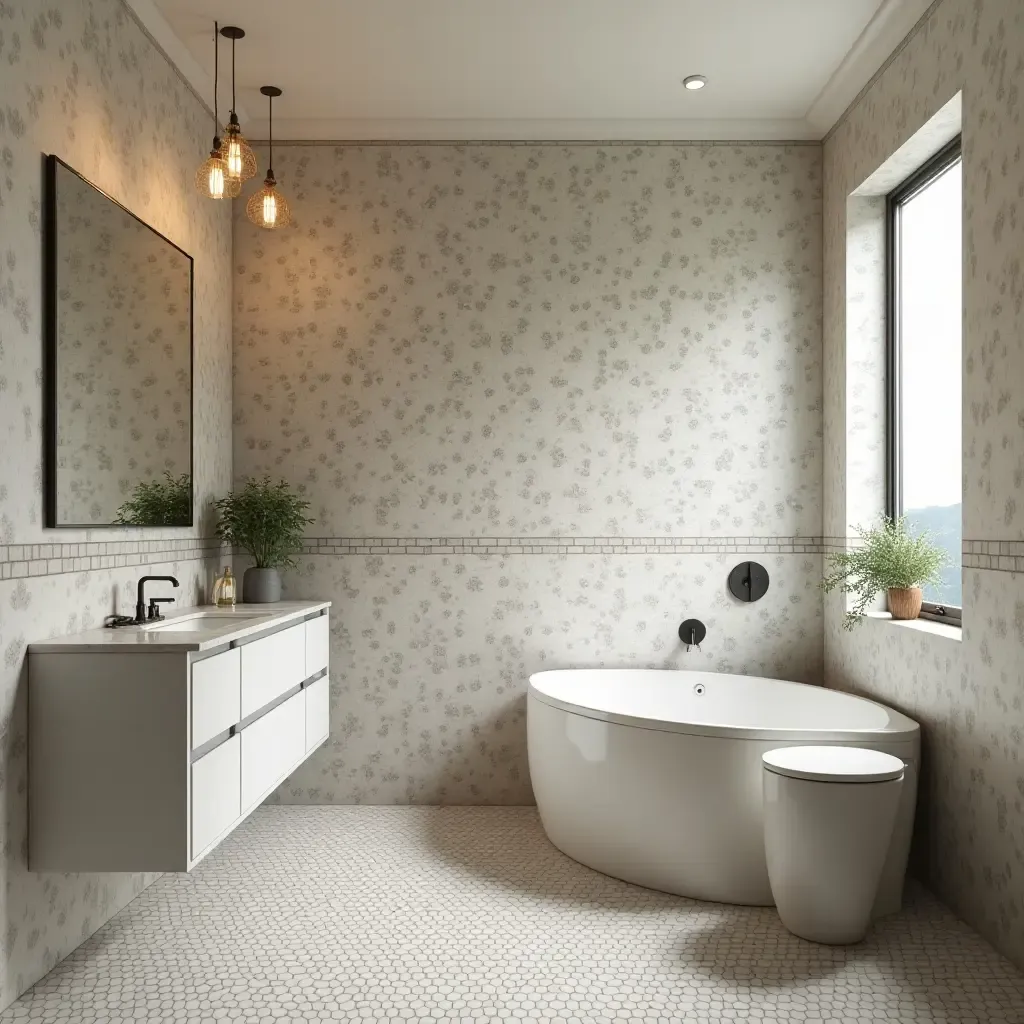 a photo of a bathroom with intricate tile designs and patterns