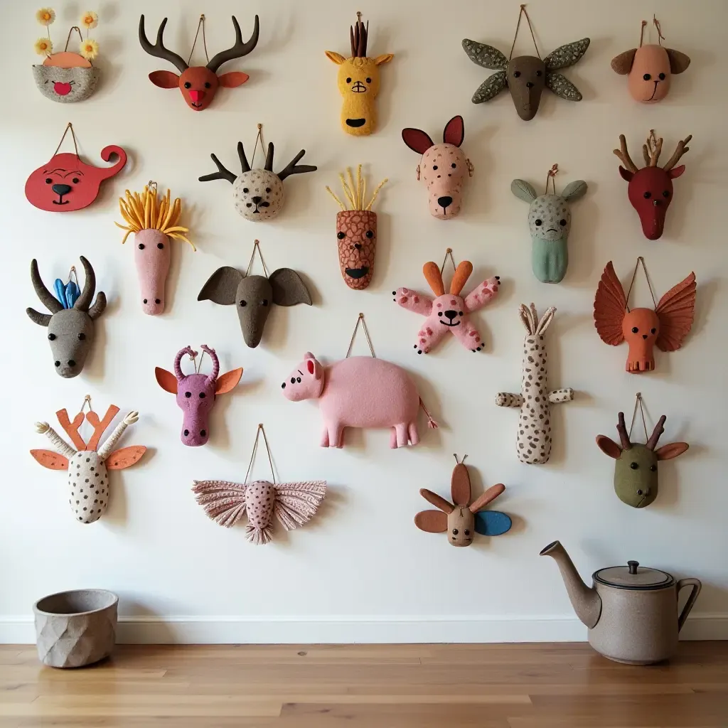 a photo of a wall showcasing a series of handmade crafts created by the teen