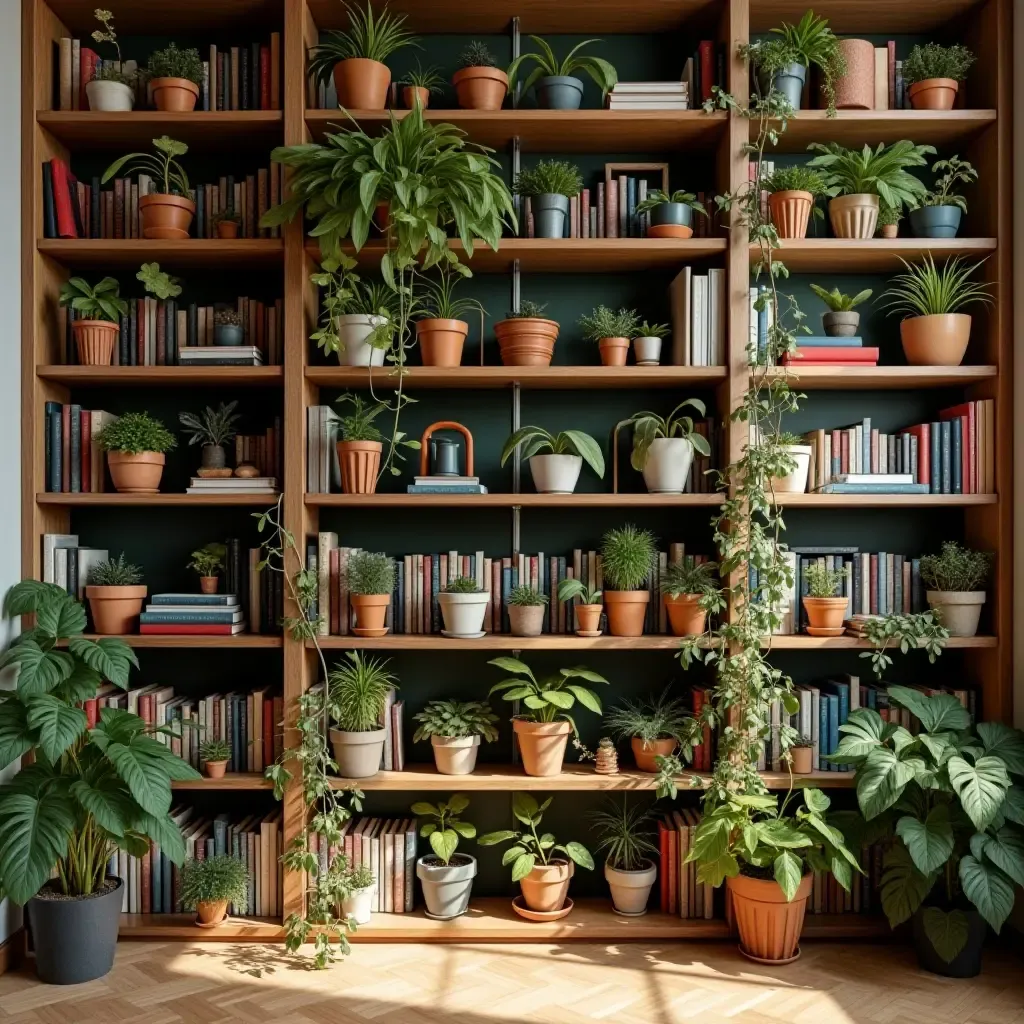 a photo of a library with a colorful plant shelf