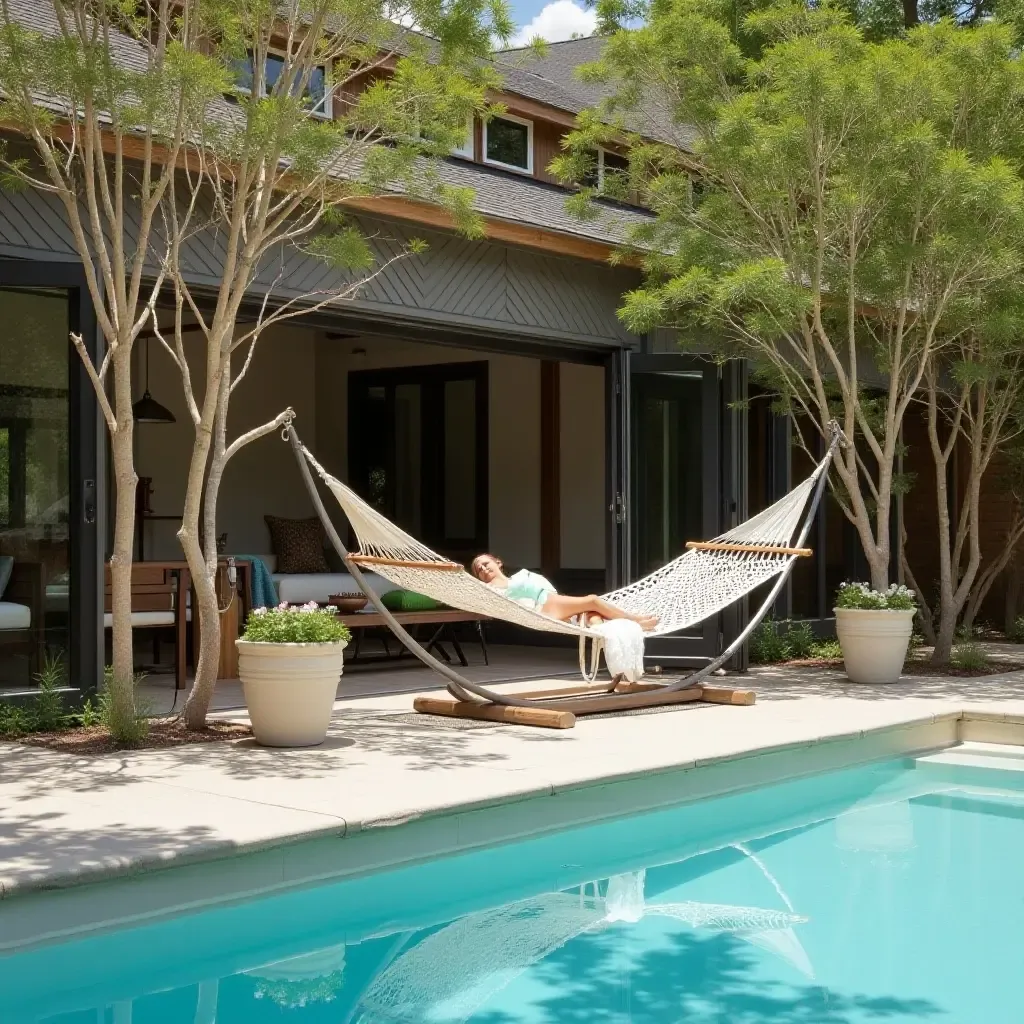 a photo of a serene poolside retreat featuring a vintage hammock and rustic decor