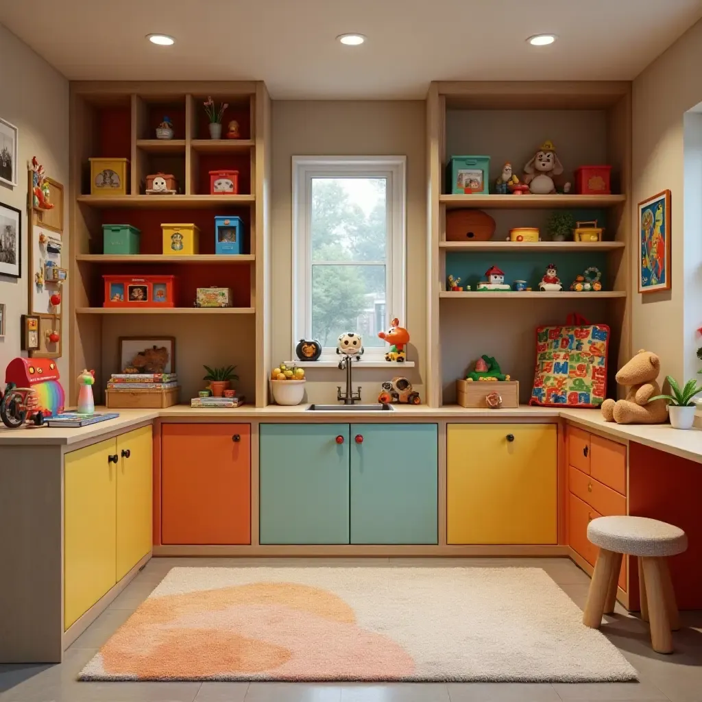 a photo of a colorful basement play area with toys on shelves