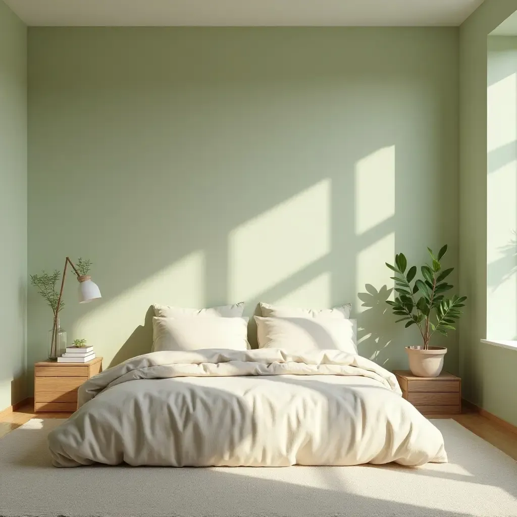 a photo of a fresh green and soft beige bedroom with natural elements