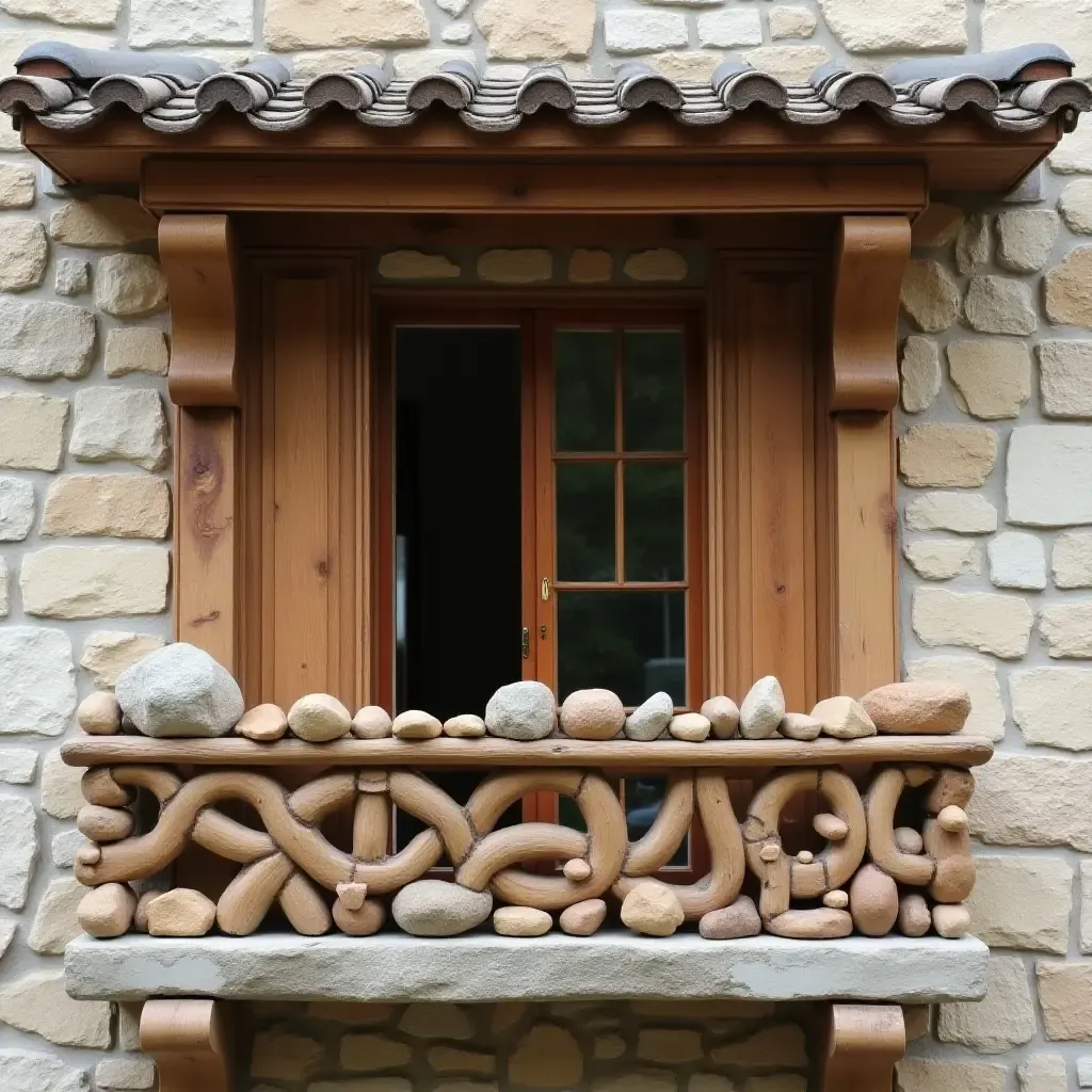 a photo of a balcony with wooden sculptures and decorative stones