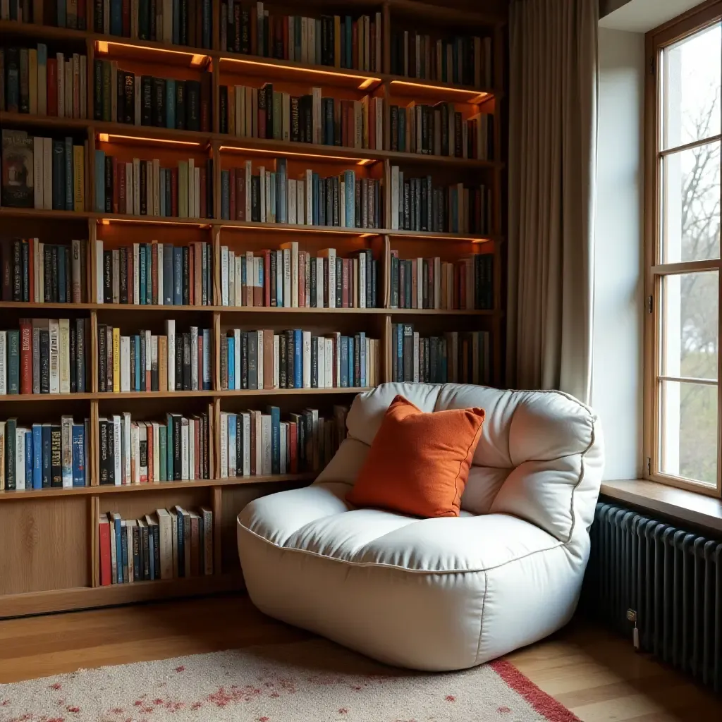 a photo of a reading nook with a wall of books and a soft seat